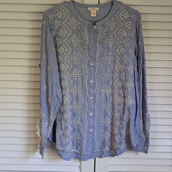 Sundance Tops - Sundance Striped Blue with Eyelet Embroidery Long Sleeve Shirt Size Large